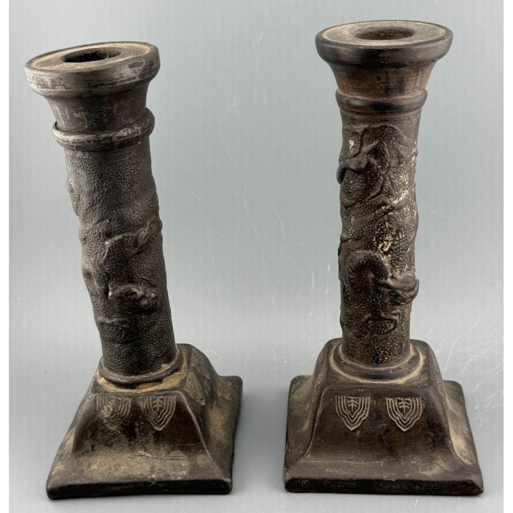 Vintage Nippon Dragonware Candlesticks Pair Brown Clay Moriage Hallmarked Japan